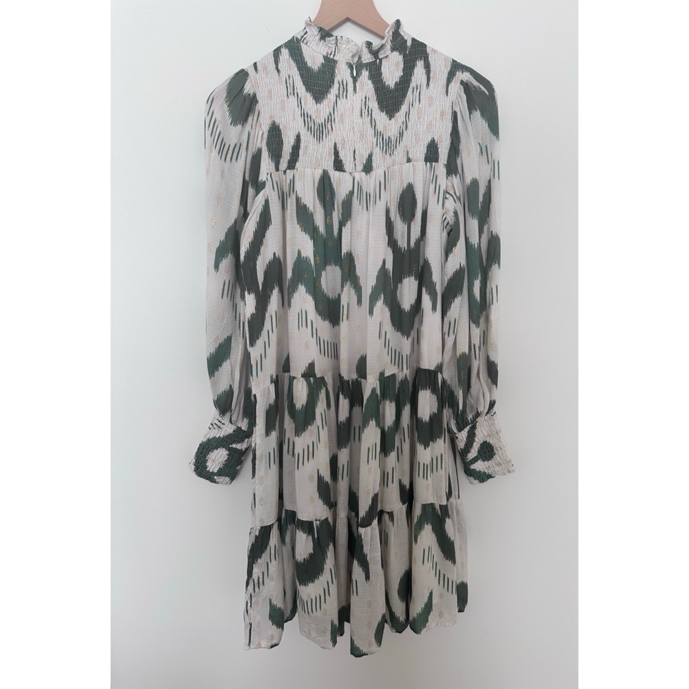 Oliphant Smocked Neck Mini Dress in Chitka Forest Green Cream Balloon Sleeve - Picture 7 of 12